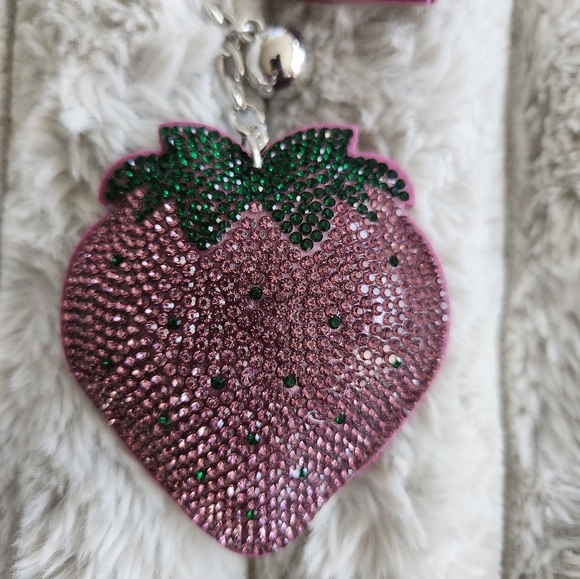 Strawberry Keychain with Pink and Green Rhinestones Bag Charm - Picture 2 of 3